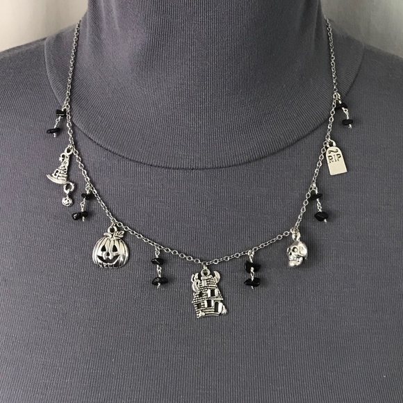 “All Hallows Eve" Handmade Silver Halloween Charm Necklace Haunted House Pumpkin - Picture 6 of 15